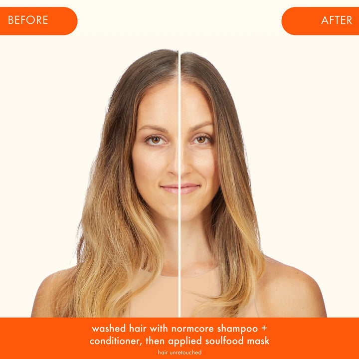 Amika Soul Food Nourishing Hair Mask model before and after