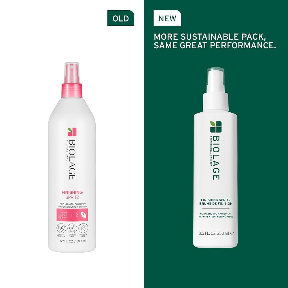 Comparison of an old and new Biolage Finishing Spritz bottle on a green and white background.