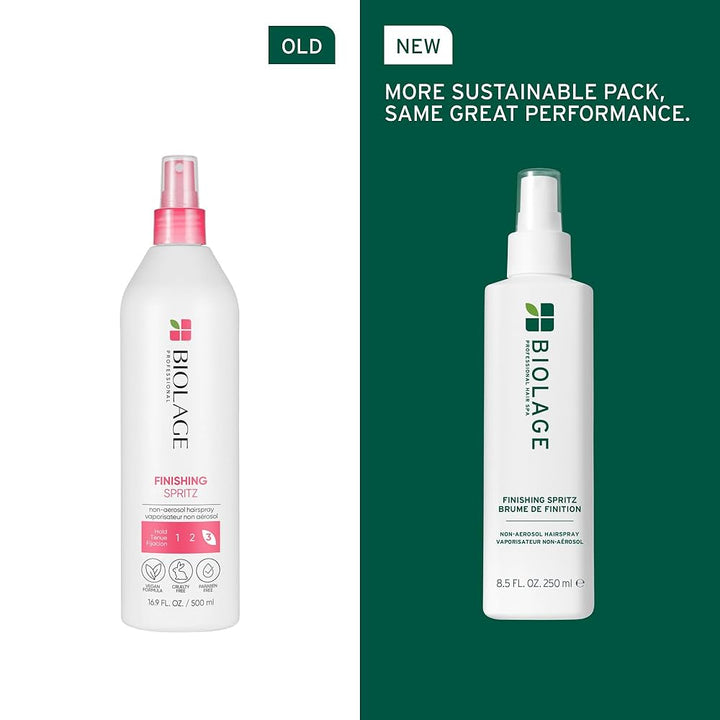 Comparison of an old and new Biolage Finishing Spritz bottle on a green and white background.