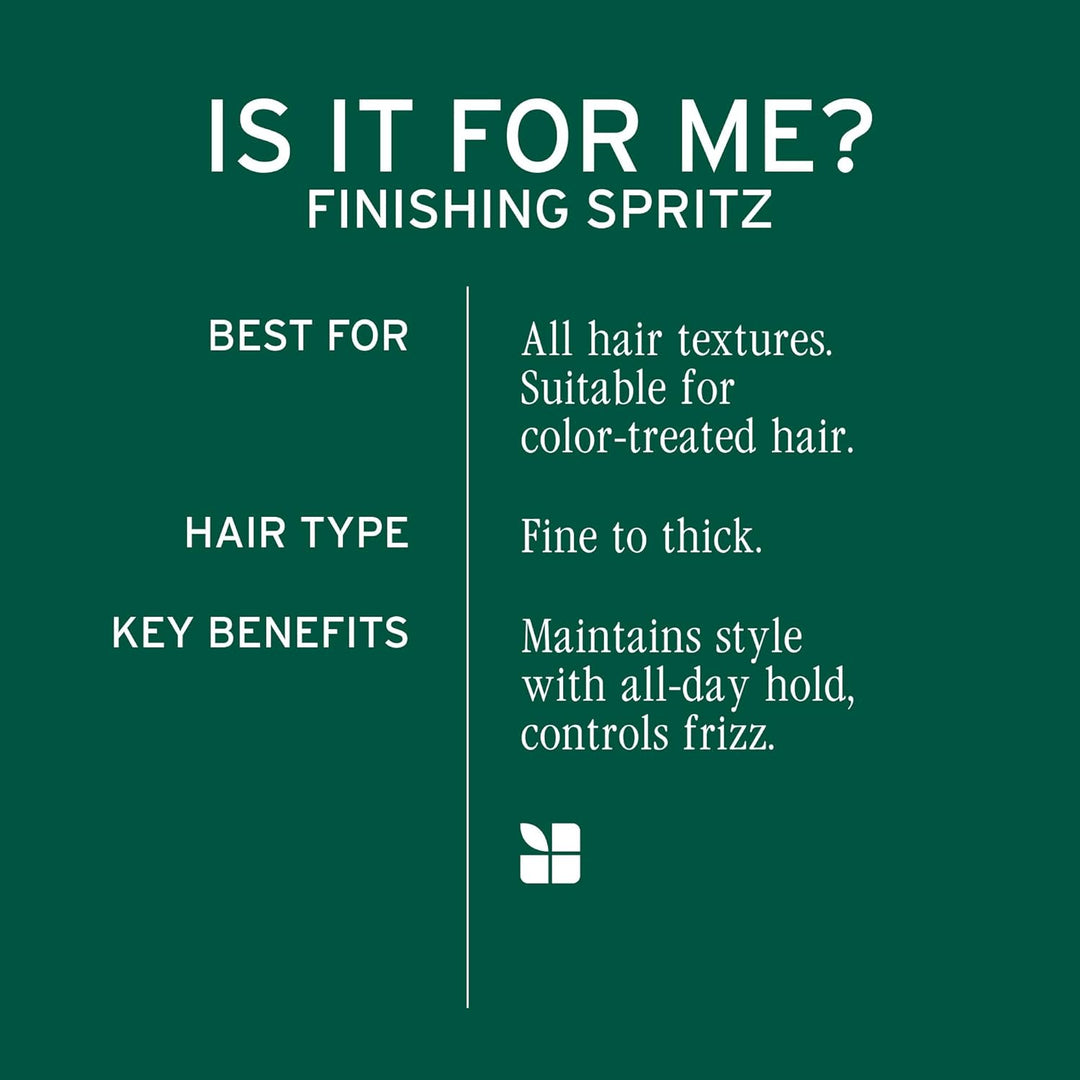 Promotional graphic for 'Finishing Spritz' hair product with text on a green background