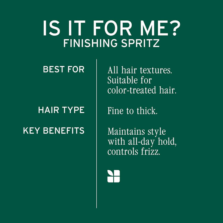 Promotional graphic for 'Finishing Spritz' hair product with text on a green background