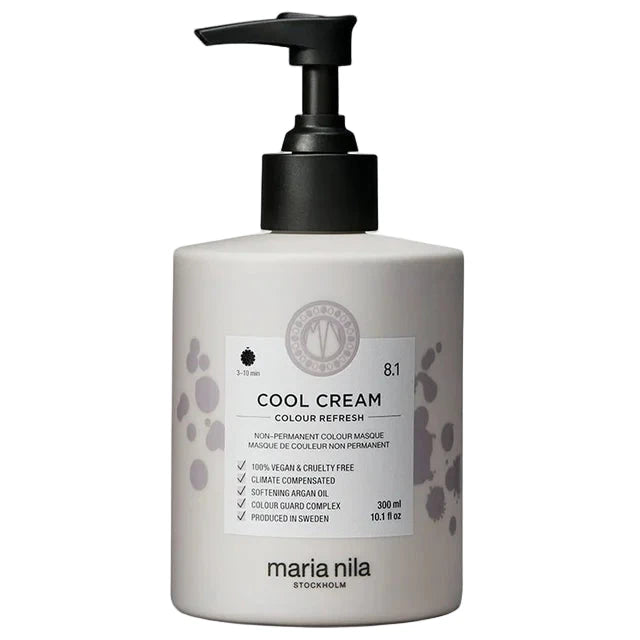 A bottle of Maria Nila Cool Cream Colour Refresh with a pump dispenser, primarily in a grey tone with some purple detailing and text.