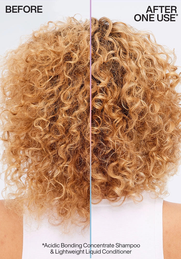 Redken Acidic Bonding Concentrate Lightweight Liquid Conditioner, Fine Hair image of model before and after curly hair