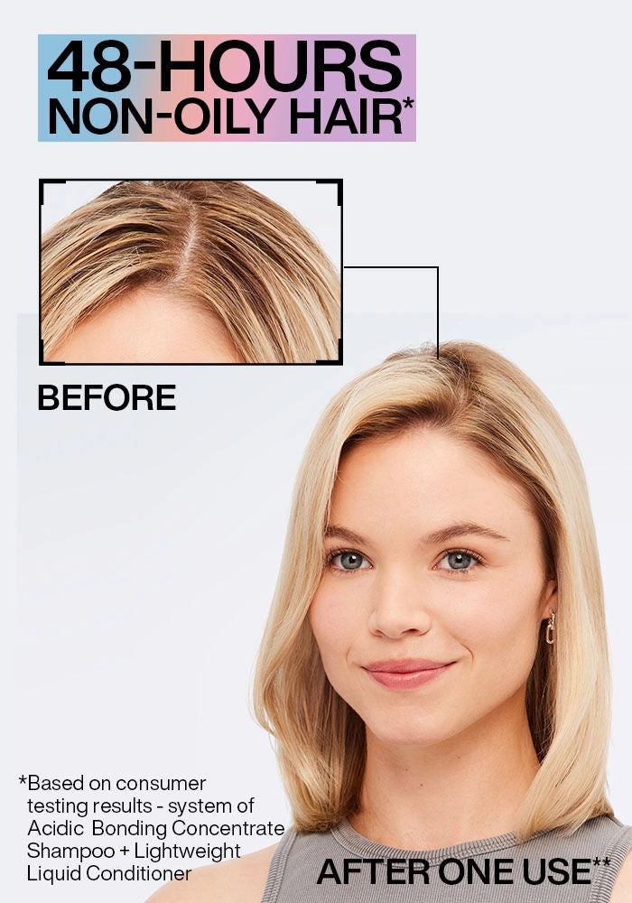 Redken Acidic Bonding Concentrate Lightweight Liquid Conditioner, Fine Hair image of model non oily before and after use