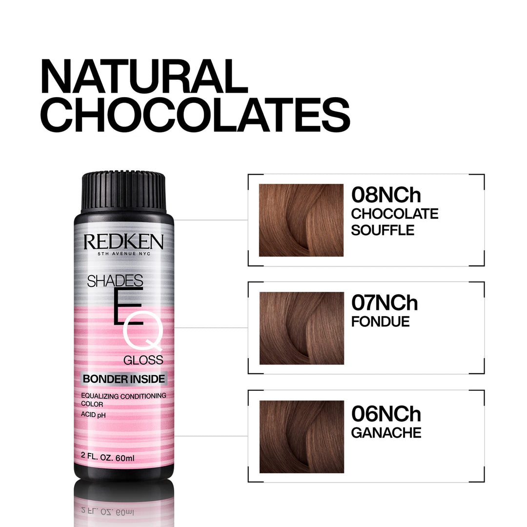 Redken Shades EQ Bonder Inside Demi-Permanent Color Gloss image of natural chocolates 04nch dark chocolate 06nch ganache 07nch fondue