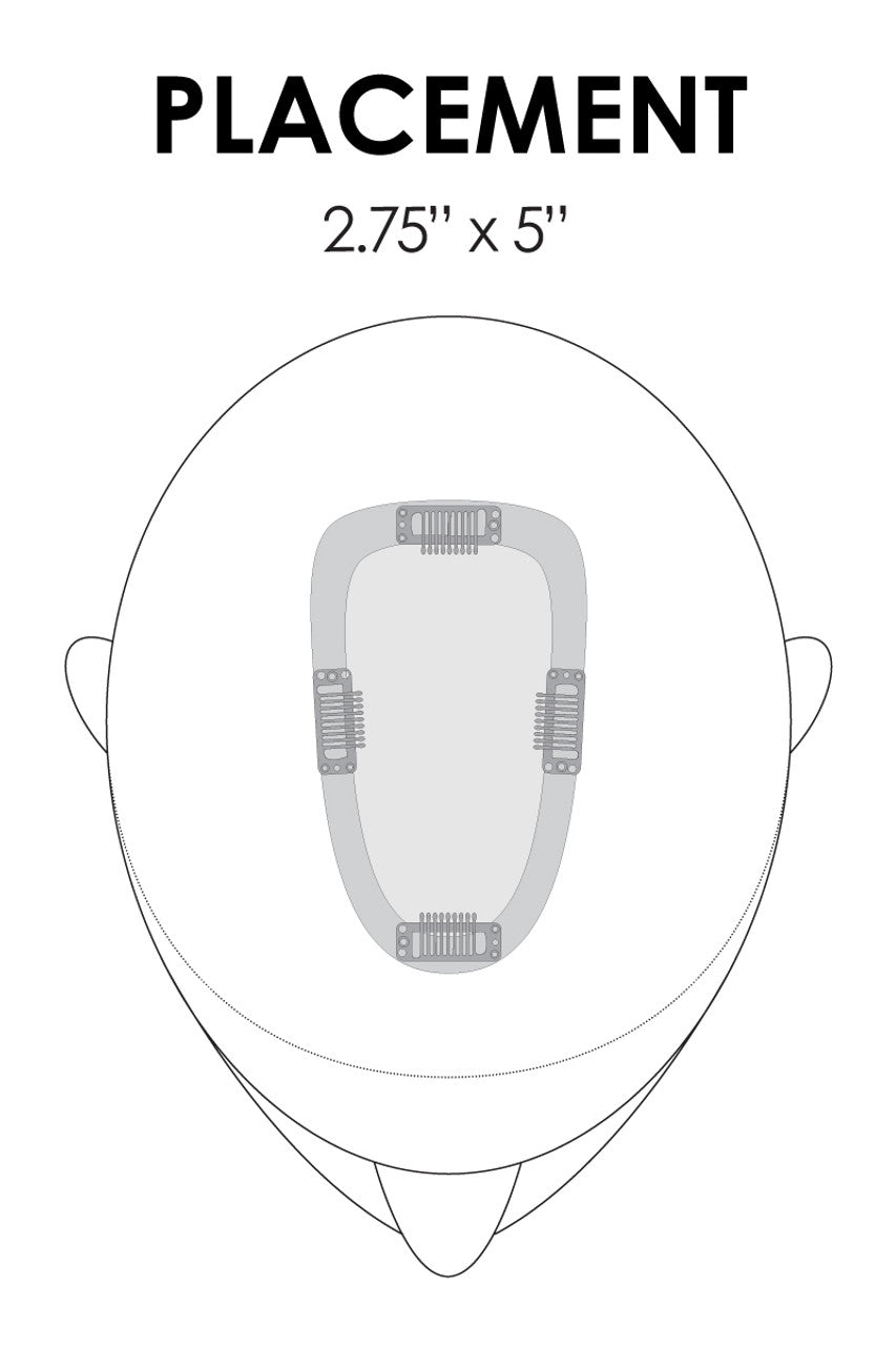 Placement diagram of a hairpiece on a head outline with dimensions 2.75" x 5".