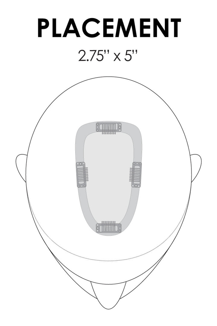 Placement diagram of a hairpiece on a head outline with dimensions 2.75" x 5".