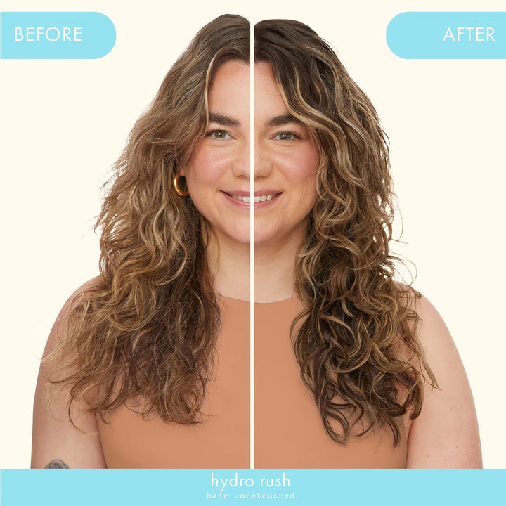 Amika Hydro Rush Leave-In Conditioner model before and after