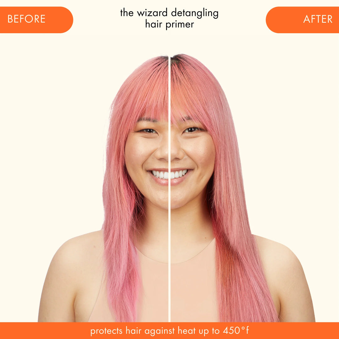 Amika The Wizard Detangling Primer model before and after