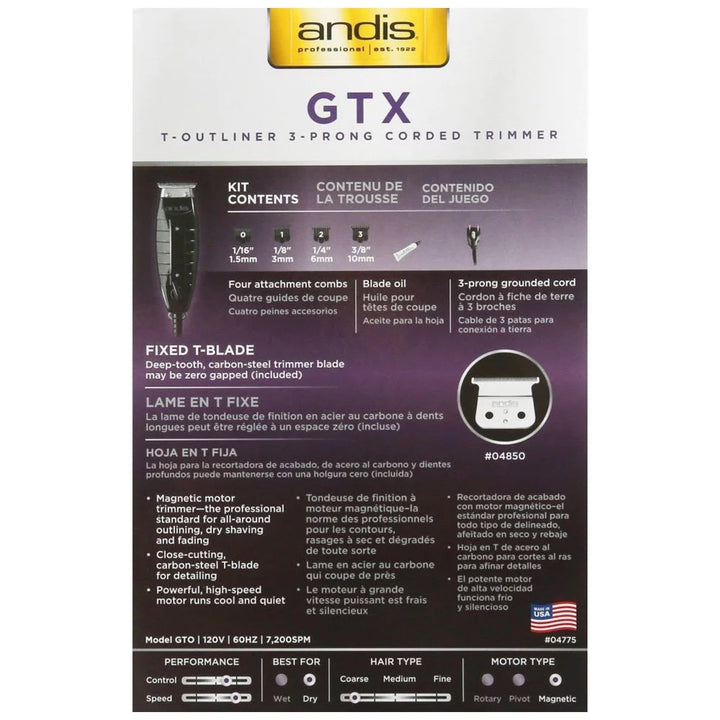 Andis Professional GTX back of box image with product details