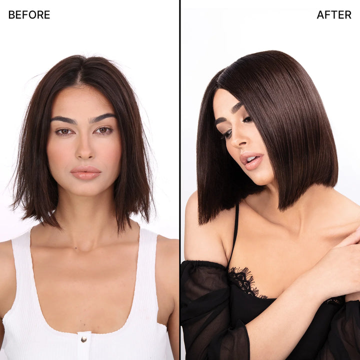 Color Wow Dream Coat Supernatural Spray image of model before and after short hair