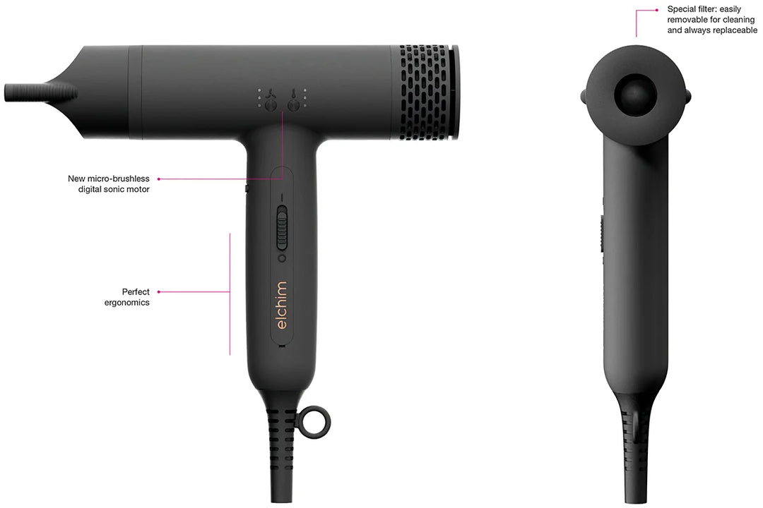 Elchim 8th Sense Animus Ultra-Light Dryer with Sonic Micro-Brushless Technology side view with features