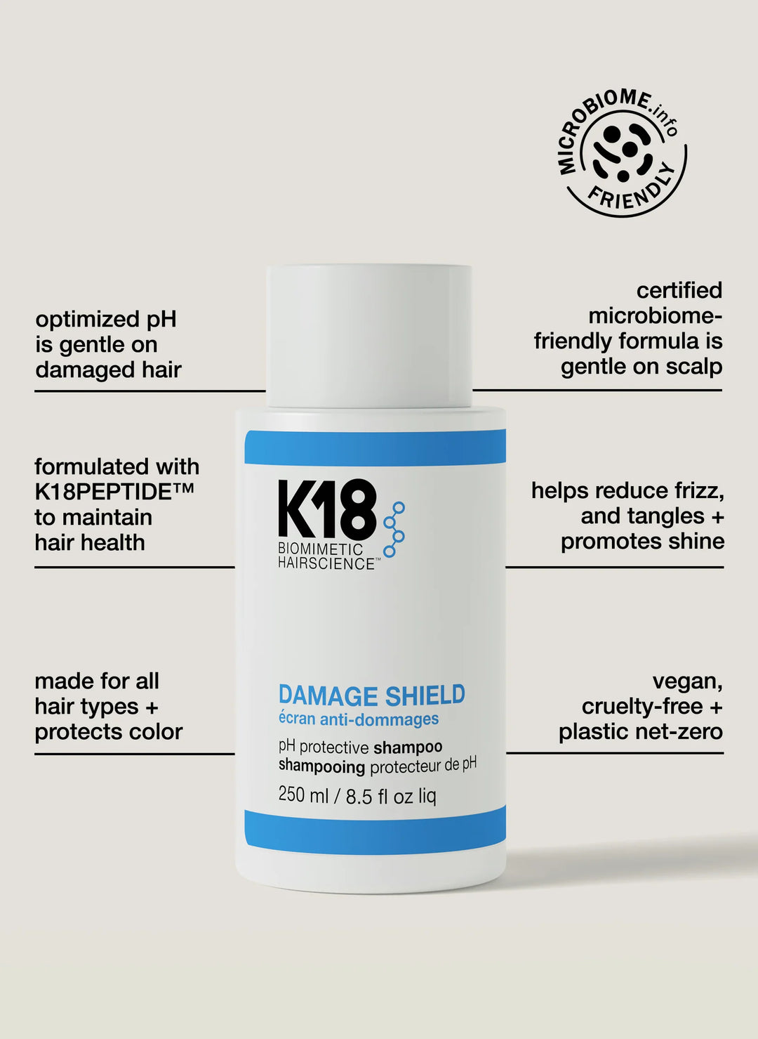 K18 Biomimetic Hairscience Damage Shield pH Protective Shampooimage of features and benefits