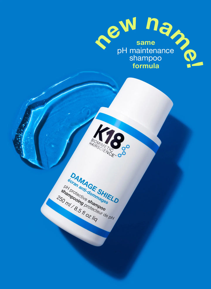 K18 Biomimetic Hairscience Damage Shield pH Protective Shampoo image of bottle and product texture