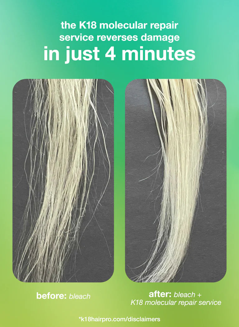 K18 Biomimetic Hairscience Prep + Repair Service Essentials Set before and after model blonde