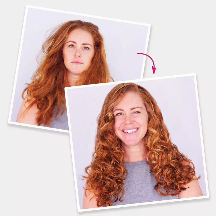 Keratin Complex Frizz Fighting Healthy Hair Trio image of model before and after curly