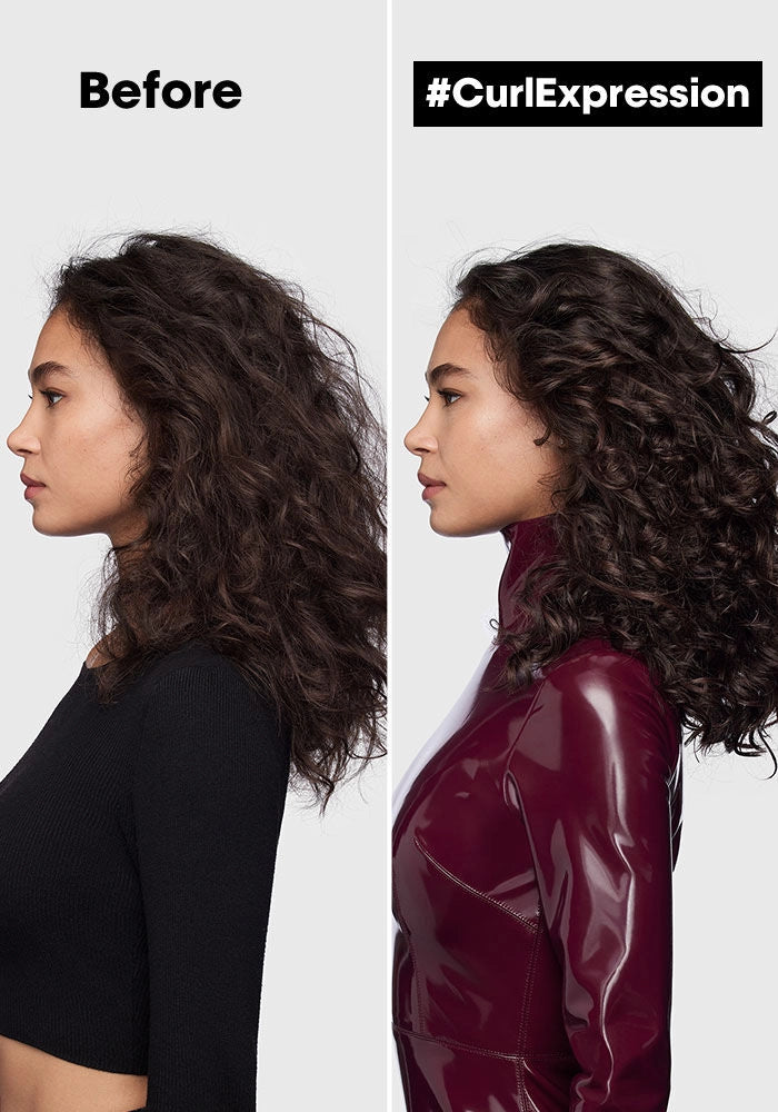 L'oreal Professional Serie Expert Curl Expression Anti-Build Up Cleansing Shampoo image of model before and after
