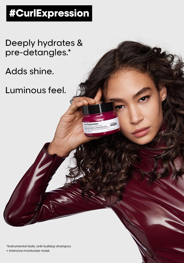L'oreal Professional Serie Expert Curl Expression Intensive Moisturizer Mask image of model with product benefits