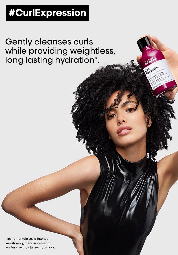 L'oreal Professional Serie Expert Curl Expression Intense Moisturizing Shampoo image of model showing moisturizing shampoo