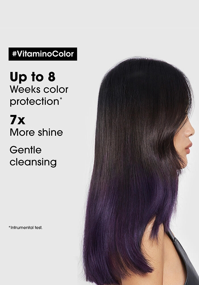 L'oreal Professional Serie Expert Reservatrol Vitamino Color Shampoo image of model with product benefits