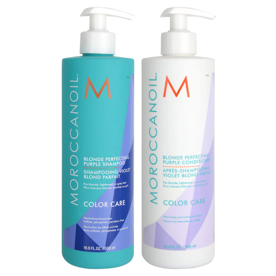 Moroccanoil Blonde Perfecting Shampoo and Conditioner image of 16.9 oz bottles
