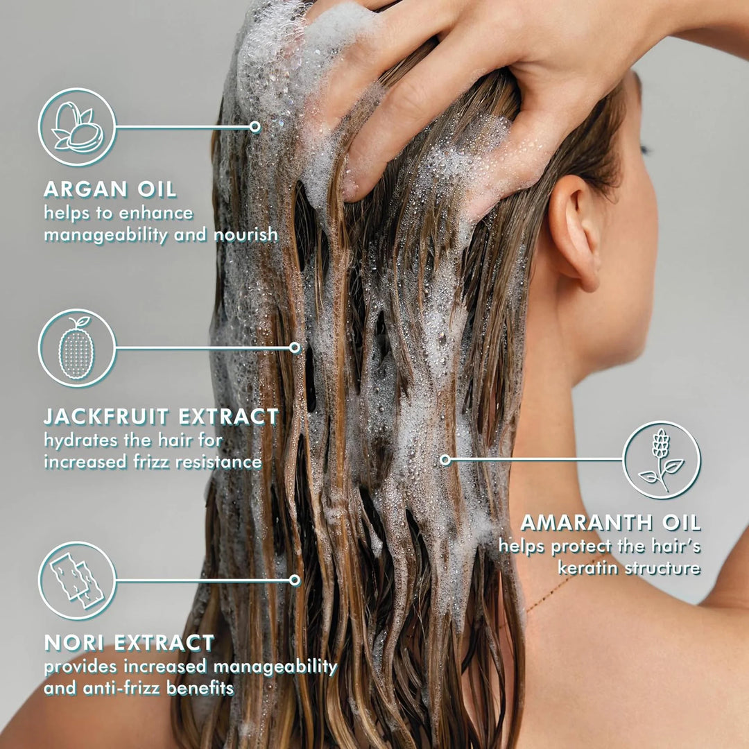 Moroccanoil Smoothing Shampoo image of model with natural ingredients