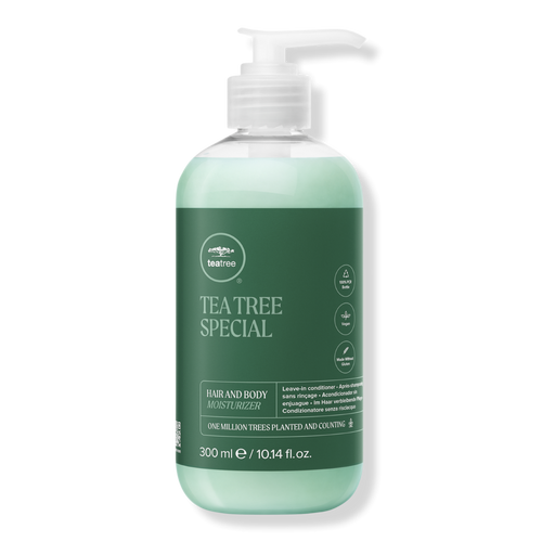 Tea Tree Special hair and body moisturizer bottle on a white background