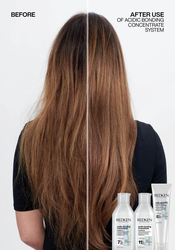 Redken Acidic Bonding Concentrate Leave-In Conditioner for Damaged Hair image of model before and after one use
