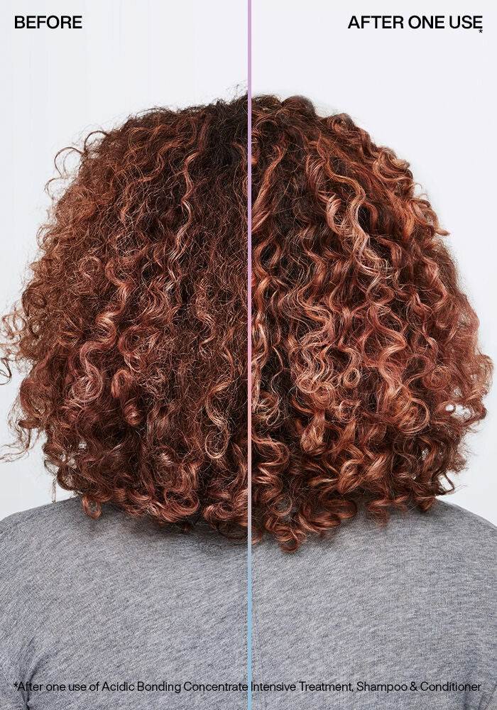 Redken Acidic Bonding Concentrate Shampoo image of model before and after one use curly hair