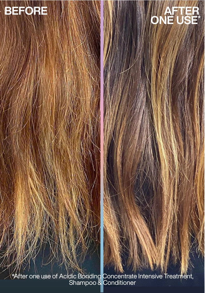 Redken Acidic Bonding Concentrate Shampoo image of model before and after one use straight hair
