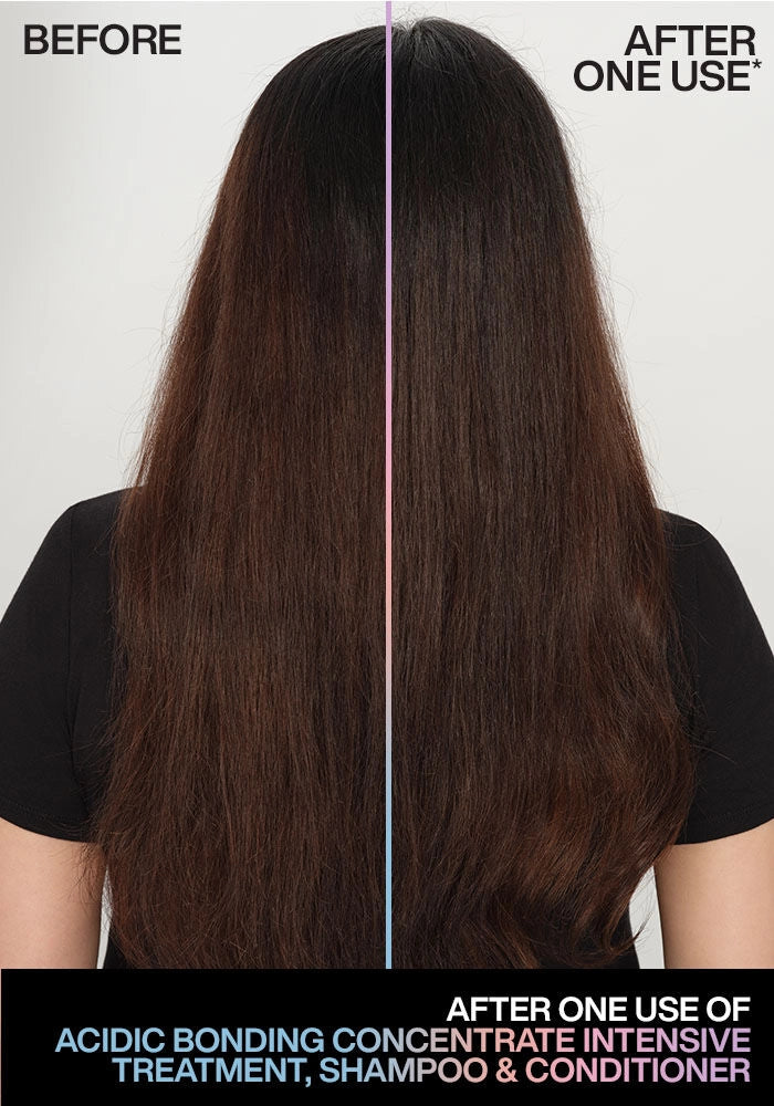 Redken Acidic Bonding Concentrate Shampoo image of model before and after use straight hair