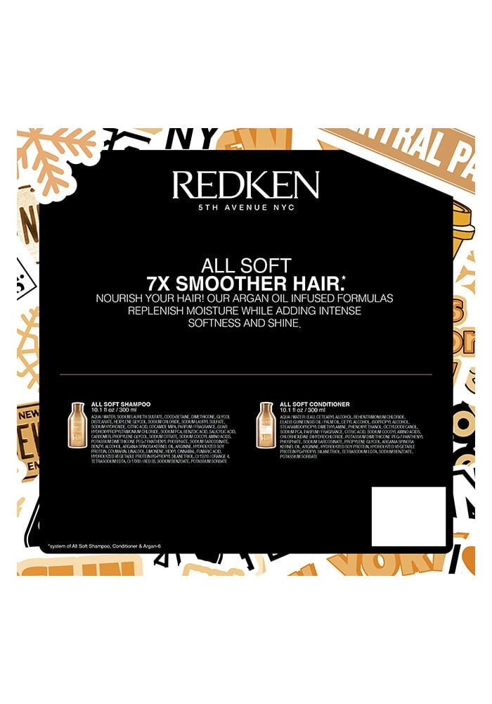 Redken All Soft hair care product packaging with text and branding.