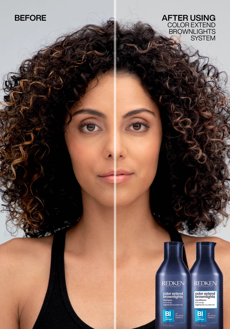 Redken Color Extend Brownlights Blue Toning Shampoo image of model before and after curl hair