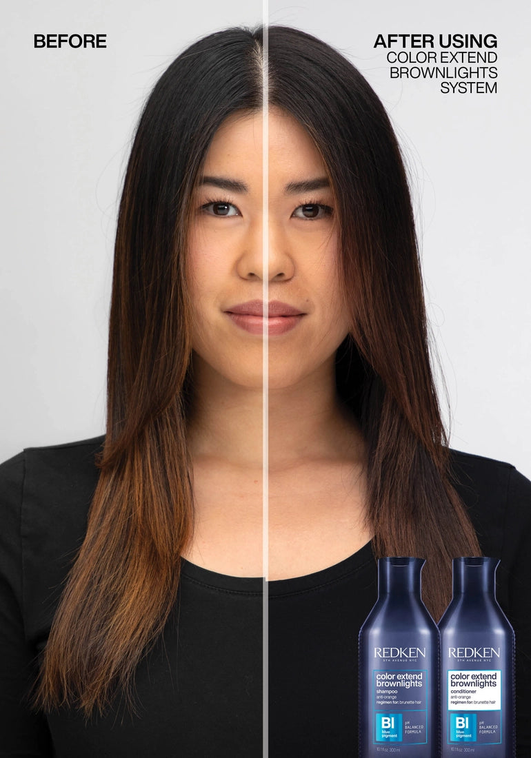 Redken Color Extend Brownlights Blue Toning Shampoo image of model before and after straight hair 