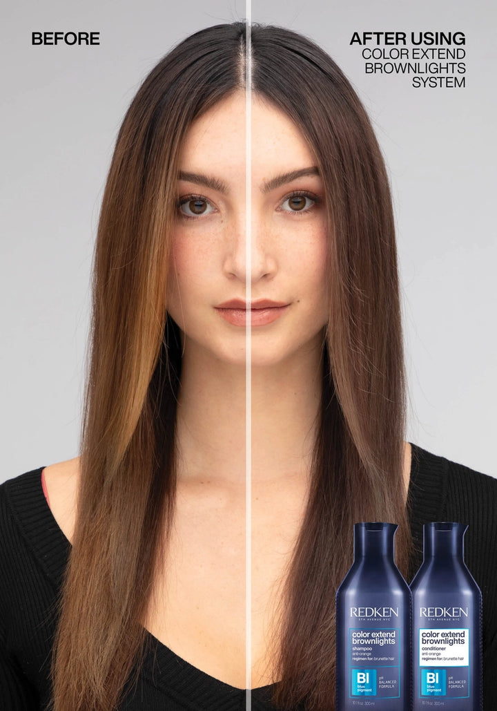 Redken Color Extend Brownlights Blue Toning Shampoo image of model before and after