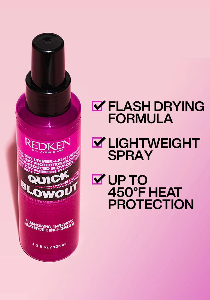 Redken Quick Blowout Heat Protectant Spray image of product features and benefits
