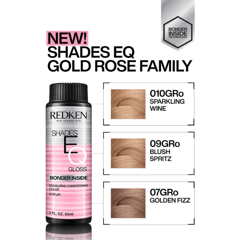 Redken Shades EQ Bonder Inside Demi-Permanent Color Gloss image of gold rose family 07gro golden fizz 09gro blush spritz 010gro sparkling wine
