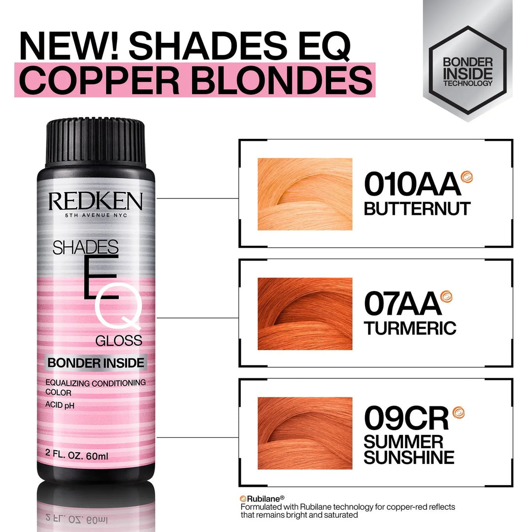 Redken Shades EQ Bonder Inside Copper Blondes Demi-Permanent Color Gloss image of color chart 07aa numeric 09cr summer sunshine 010aa butternut