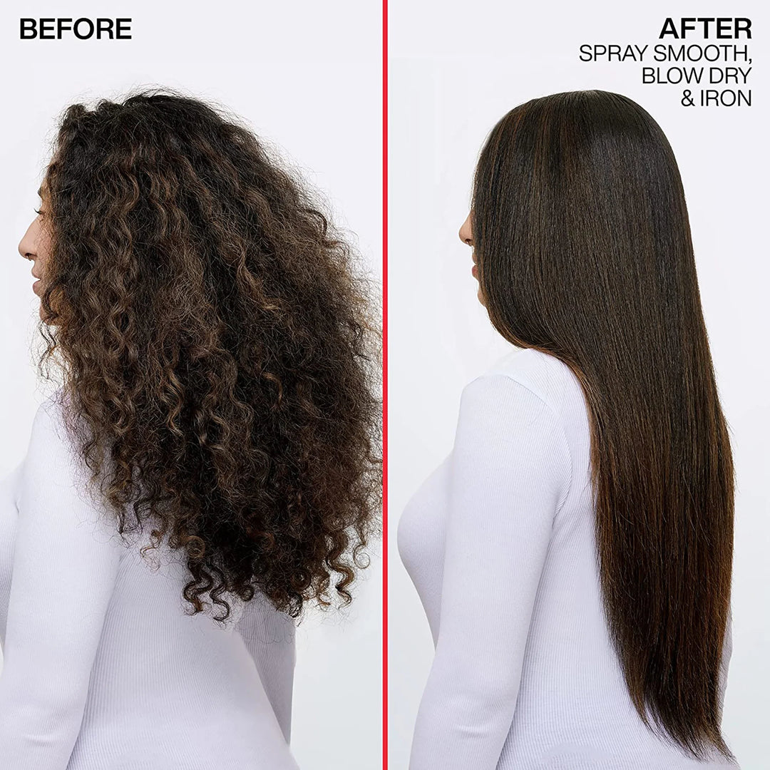 Redken Spray Smooth Anti-Frizz Spray model before and after use long hair