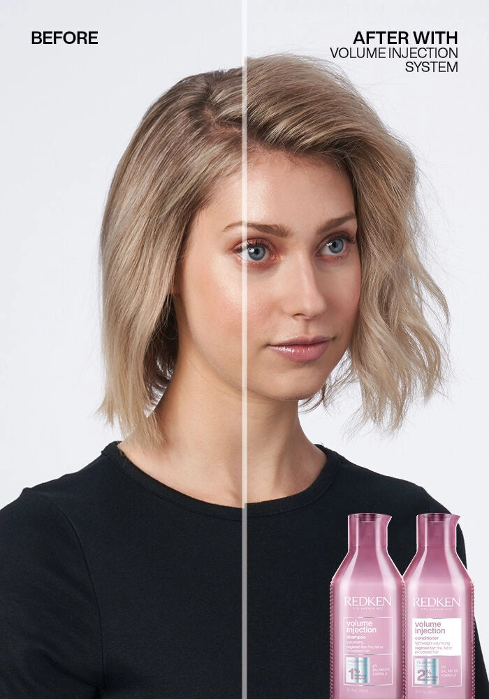Redken Volume Injection Conditioner image of model before and after volume injection