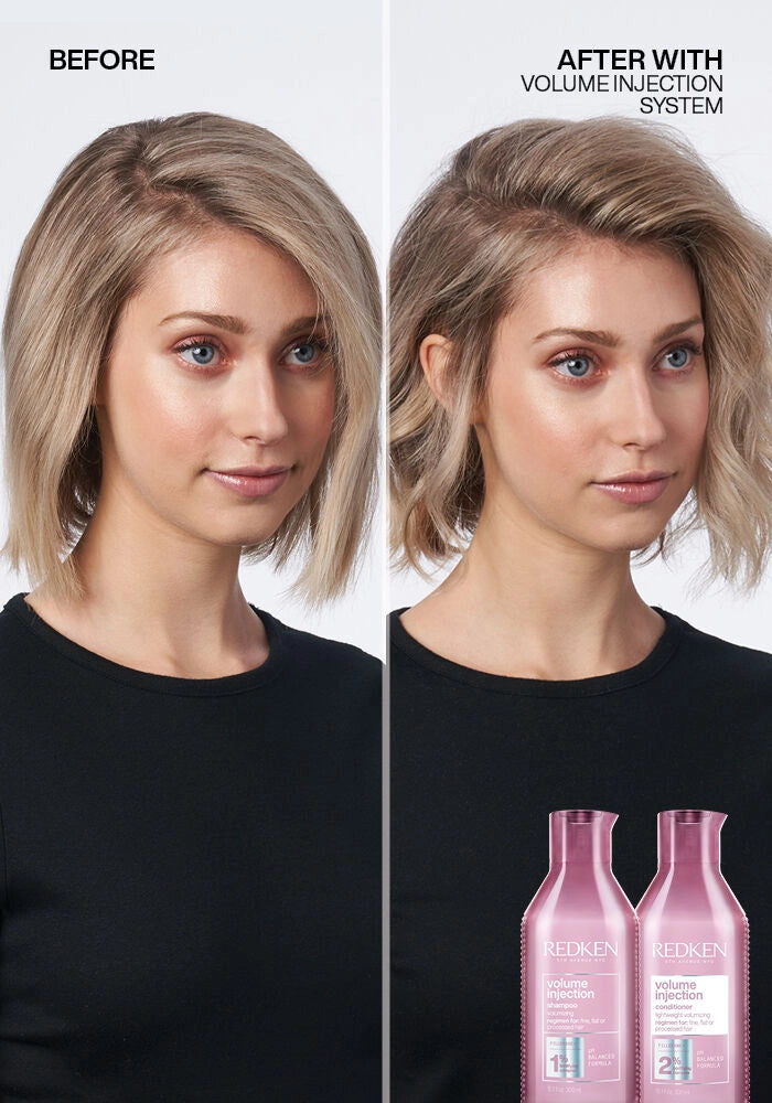 Redken Volume Injection Shampoo image of before and after volume injection shampoo