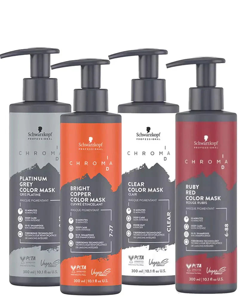 Four bottles of Schwarzkopf Chroma ID hair color masks on a white background