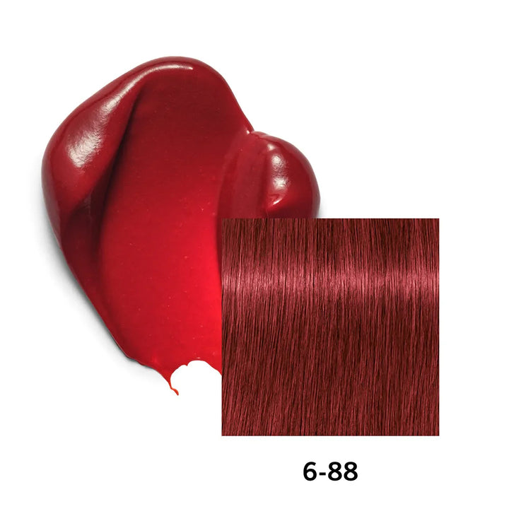 Red hair color swatch with a lipstick on a white background