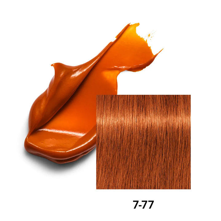 Hair color swatch with a close-up of brown hair and a bottle cap on a white background