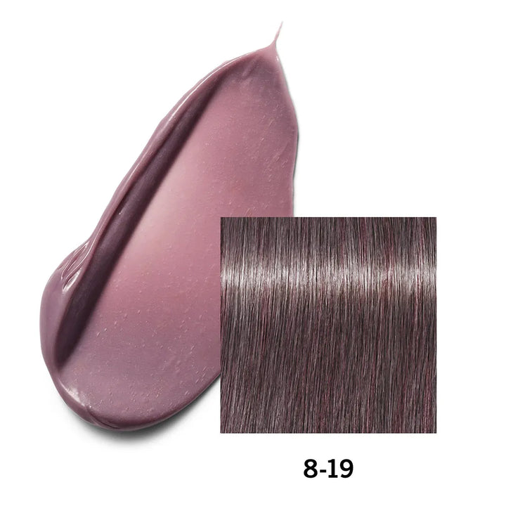Close-up of a purple hair color swatch labeled 8-19 on a white background