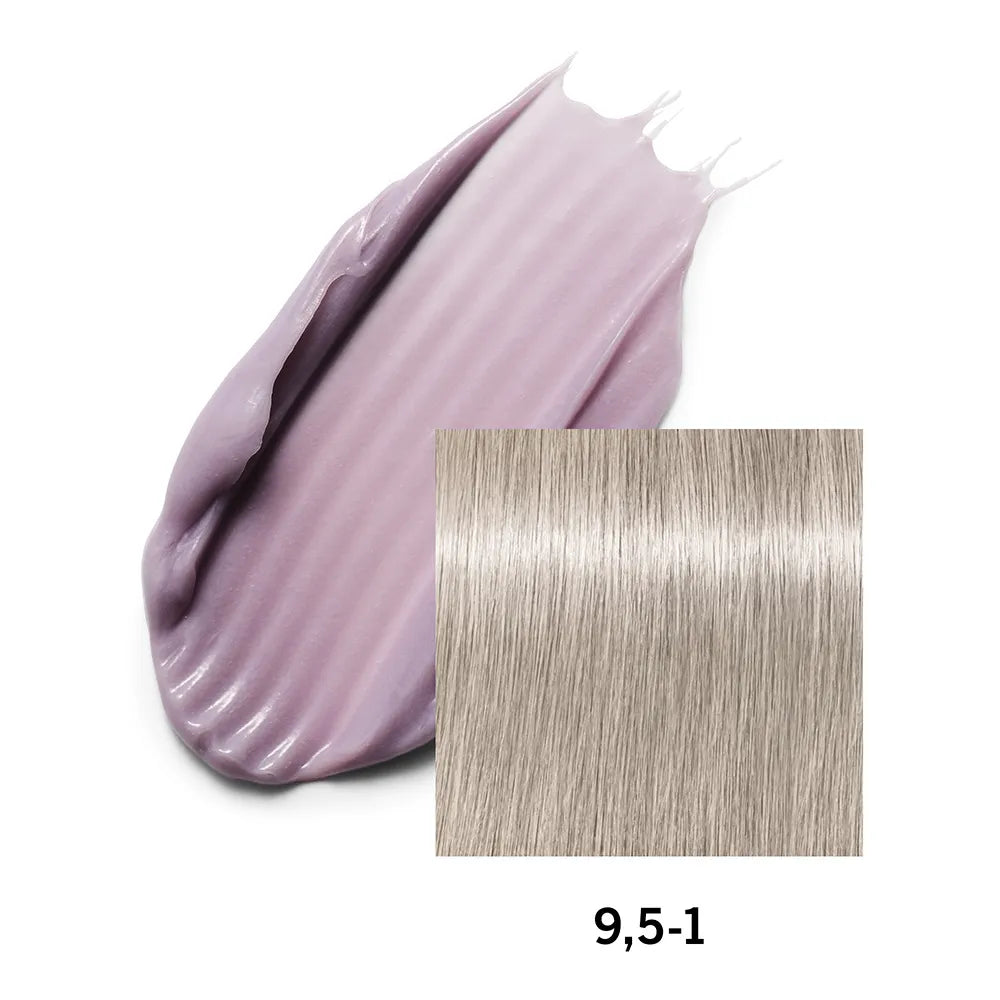 Close-up of purple hair color swatch with a sample of blonde hair color on a white background.