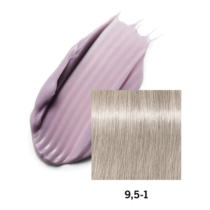 Close-up of purple hair color swatch with a sample of blonde hair color on a white background.