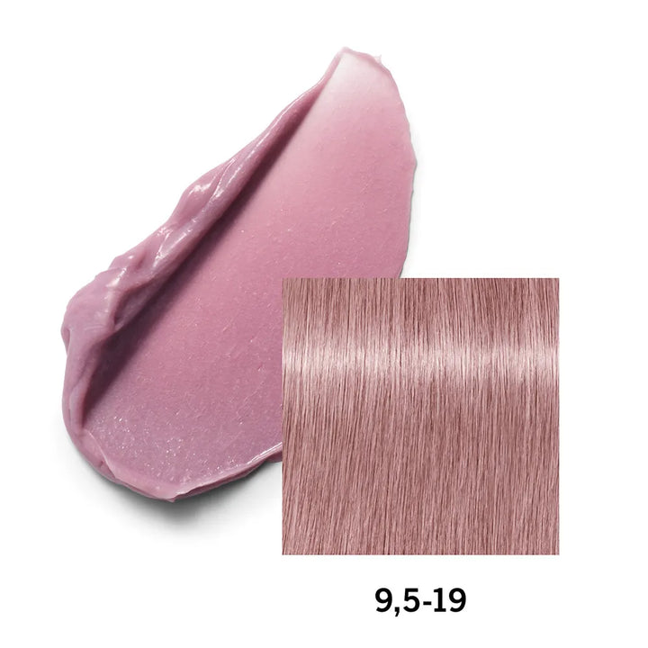 Close-up of a pink hair color swatch with a matching hair strand on a white background