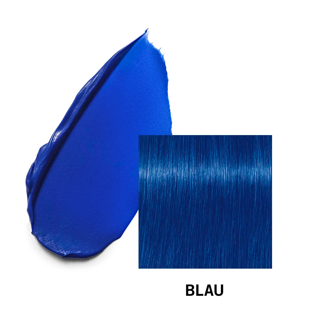 Blue hair color swatch with a close-up of blue hair strands and the word 'BLAU' on a white background.