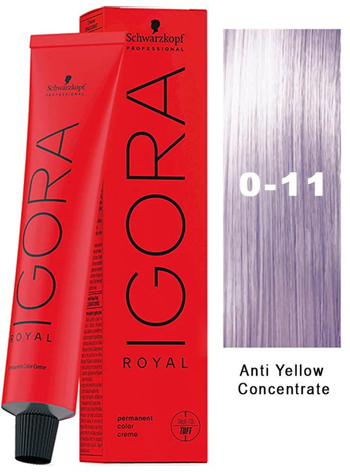 Schwarzkopf Igora Royal hair color with a sample of lavender color and text indicating 'Anti Yellow Concentrate'.